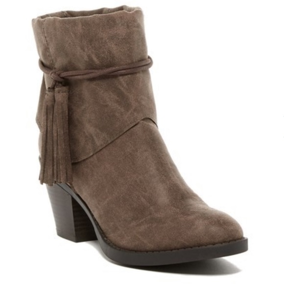 Taupe Distressed Tassel Block Heel Ankle Bootie - Picture 6 of 8